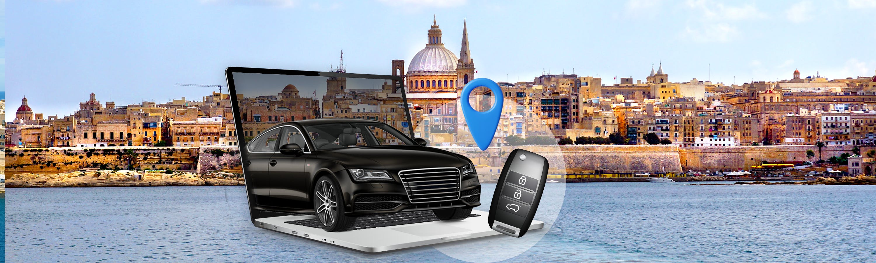 black car next to a key on a laptop on the sea onmalta
