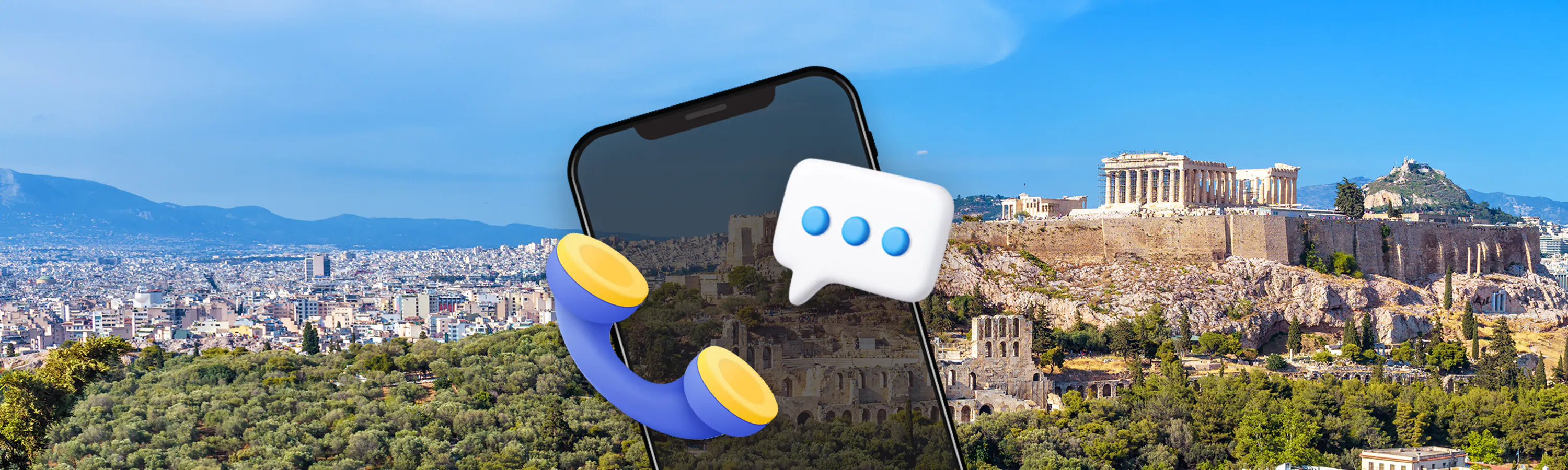 black smartphone next to a blue telephone in front of the acropolis