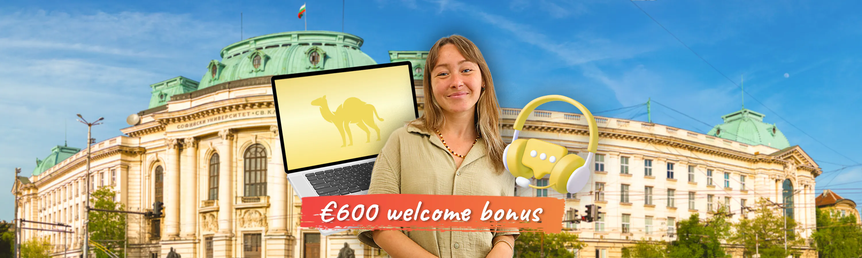 girl in front of a historical building ext to yellow headphones with a 600 euro slogan