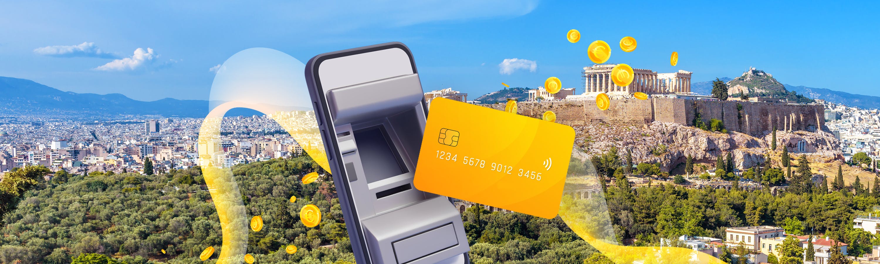 Smartphone mit einem Bankautomaten neben einer Kreditkarte und im Hintergrund Münzen und Athen