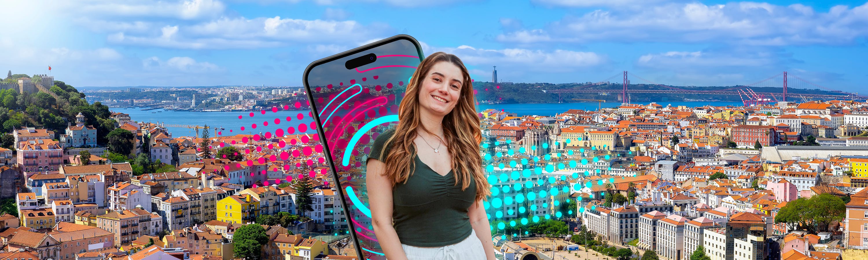 Lächelndes Mädchen mit Telefonsymbol und Lissabon im Hintergrund