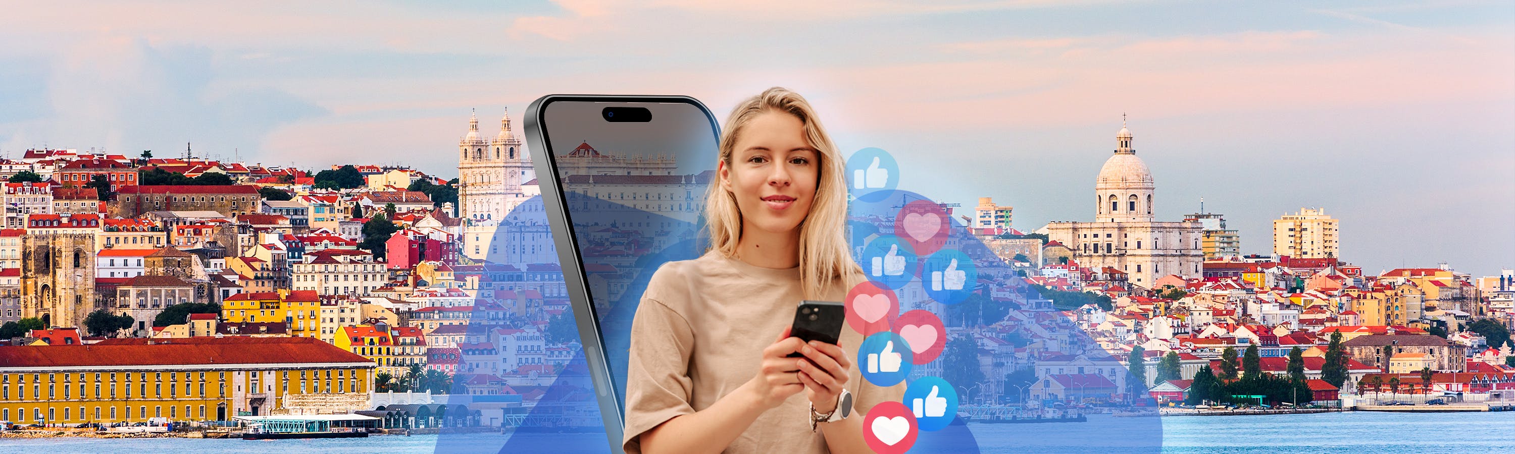 frau tippt and ihrem handy neben icons und einem schwarzen handy