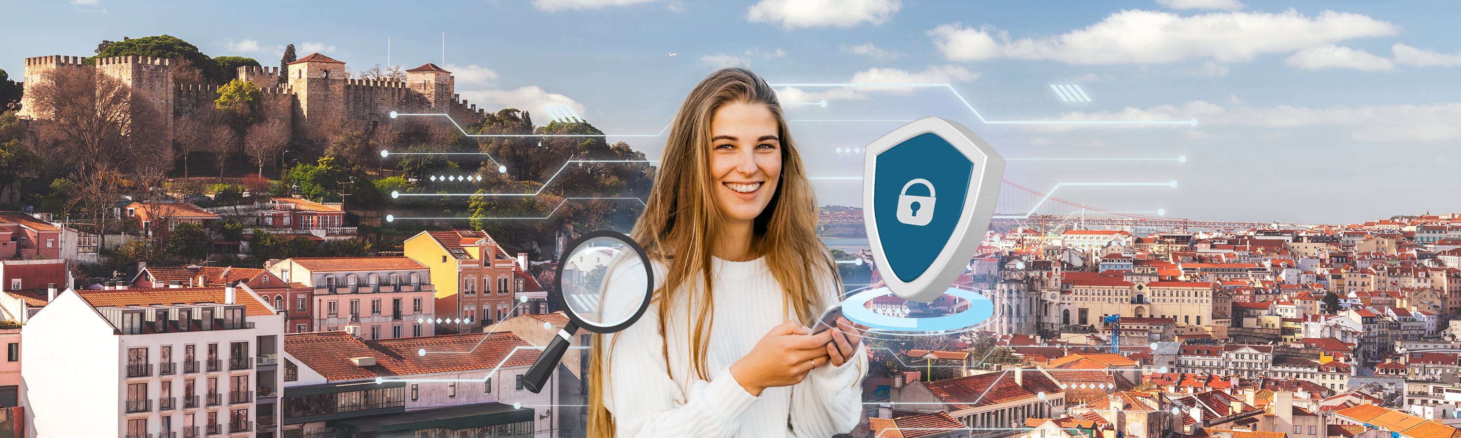 frau hält ein handy neben einer lupe vor lissabon