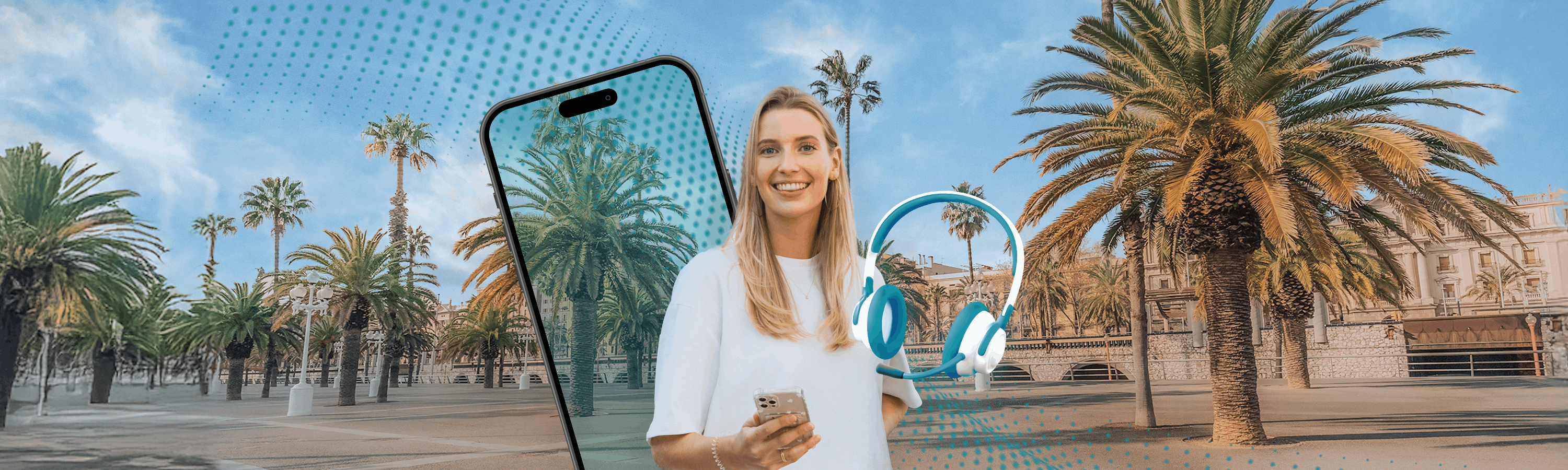 Meisje met telefoon naast koptelefoon voor een telefoonscherm met op de achtergrond palmbomen