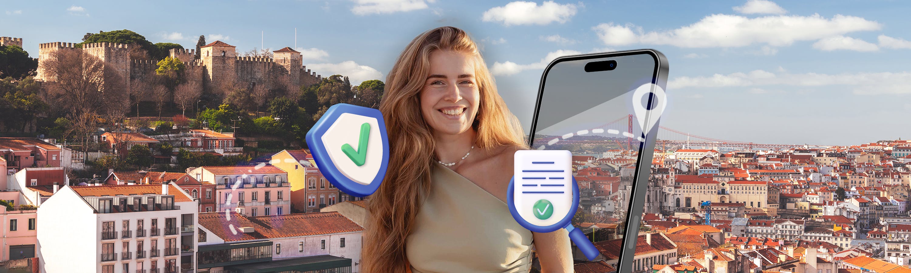 frau mit langen haaren neben symbolen und einem handy in lissabon