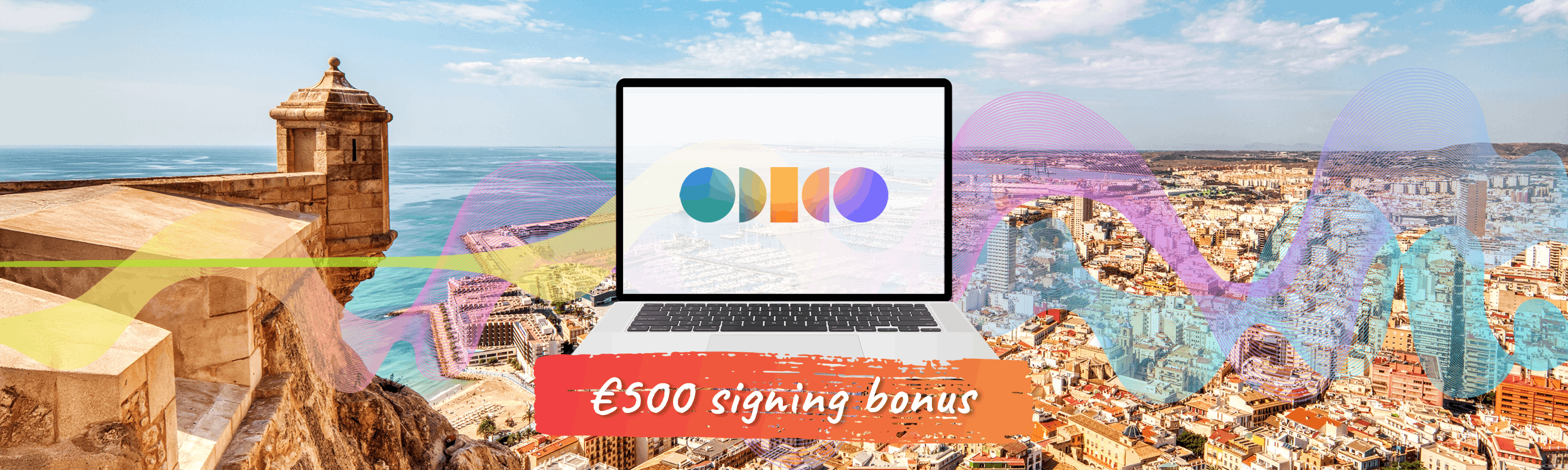 Laptop met Odido-logo staat op een tafel in Alicante met slogan €500 signing bonus