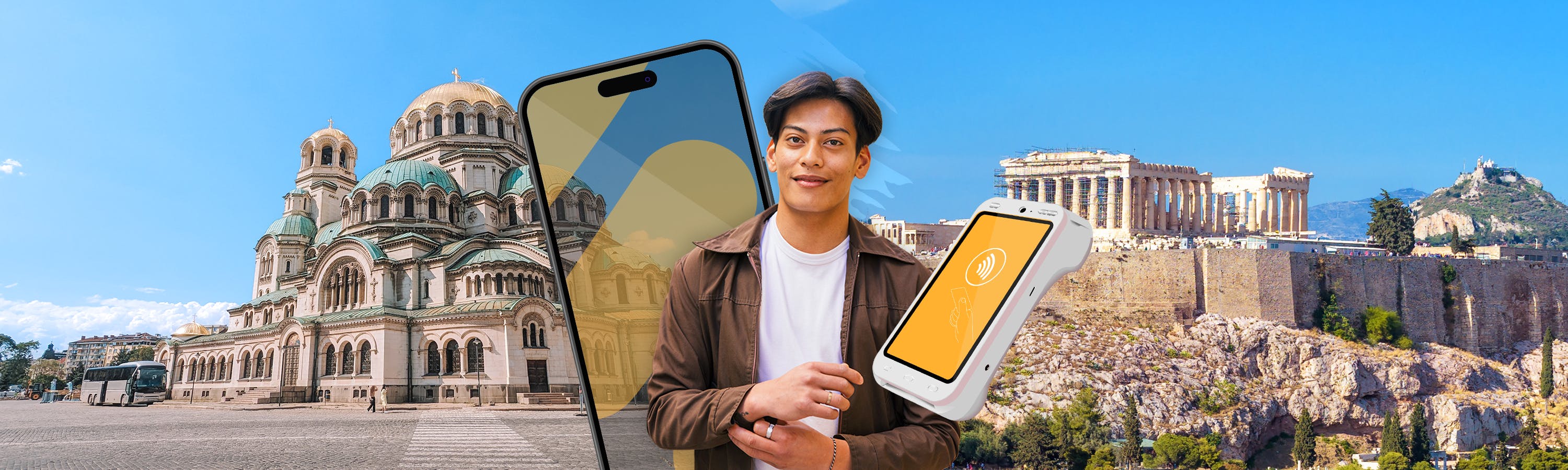 Jongen met telefoon en pinautomaat met op de achtergrond Bulgarije en Griekenland