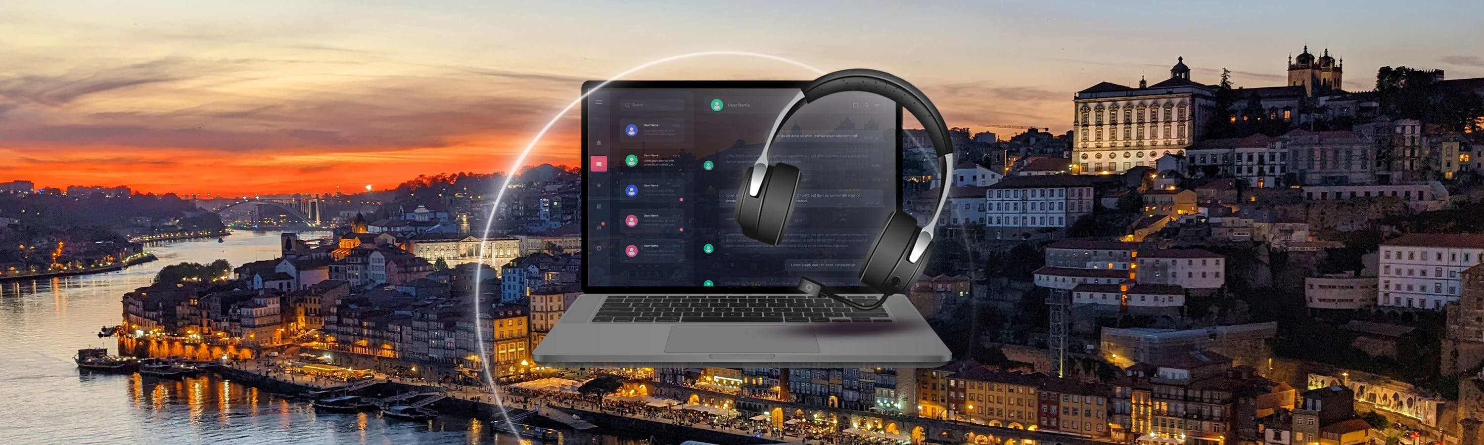 Laptop und Kopfhörer und im Hintergrund Porto bei Nacht