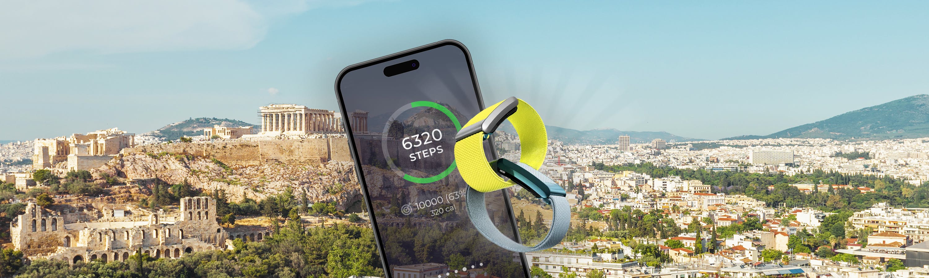 Bild von Fitnessarmbändern und einem Smartphone mit einer App, die Schritte anzeigt und im Hintergrund Athen