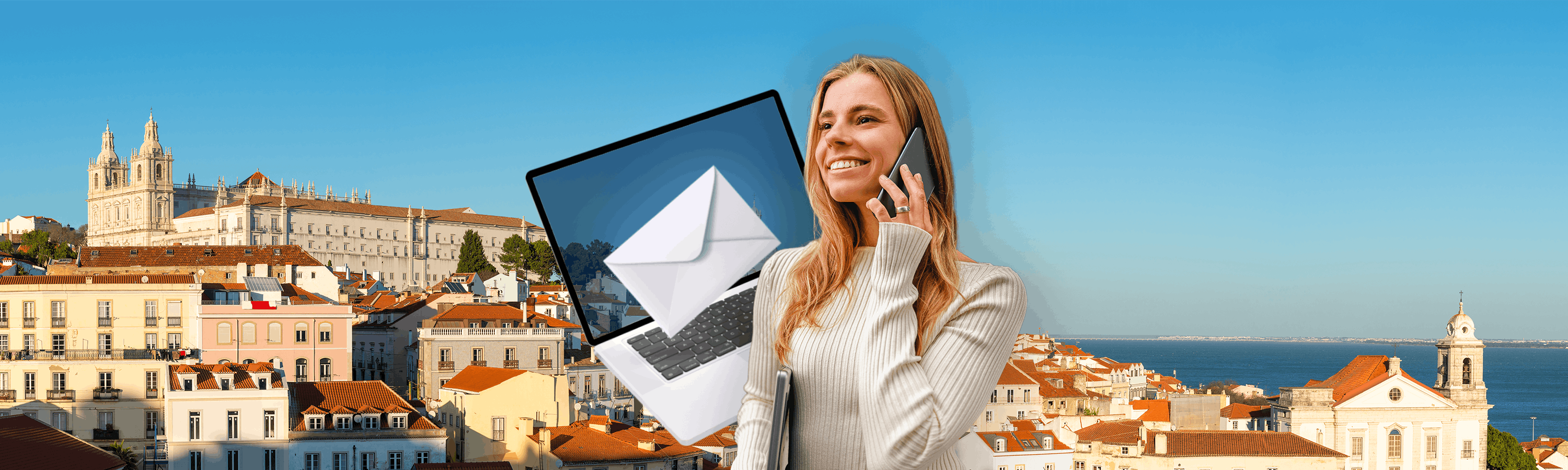 blondes Mädchen telefoniert neben einem Laptop und einem Brief und im Hintergrund Lissabon