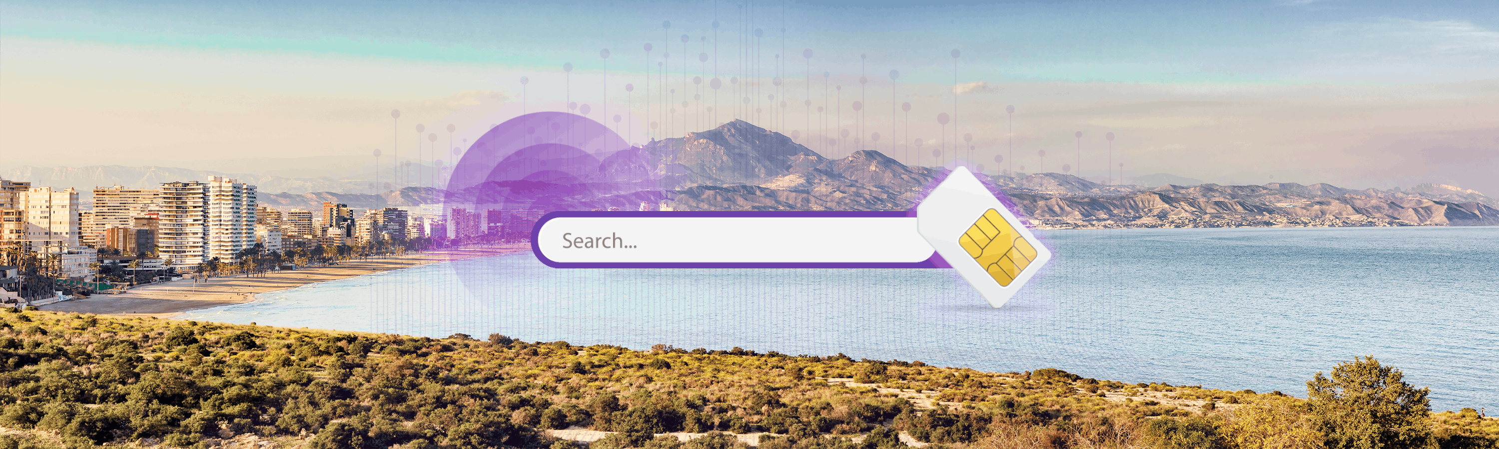 Zoekbalk met rechts een simkaart en op de achtergrond de bergen en zee