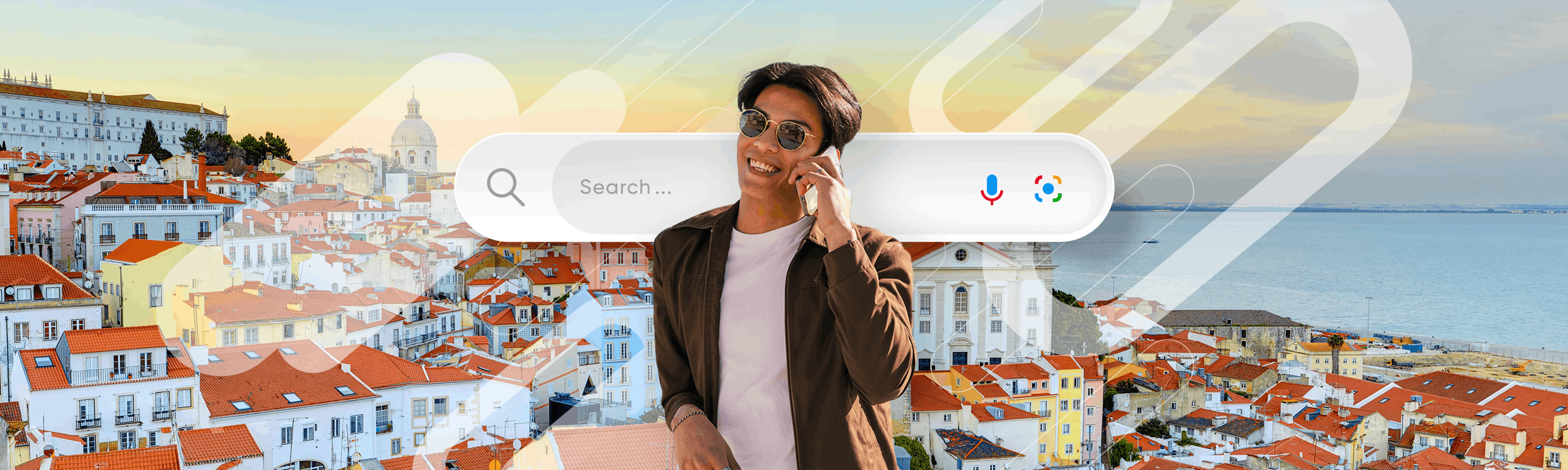 Junge mit Smartphone am Ohr vor einer Suchleiste in Lissabon