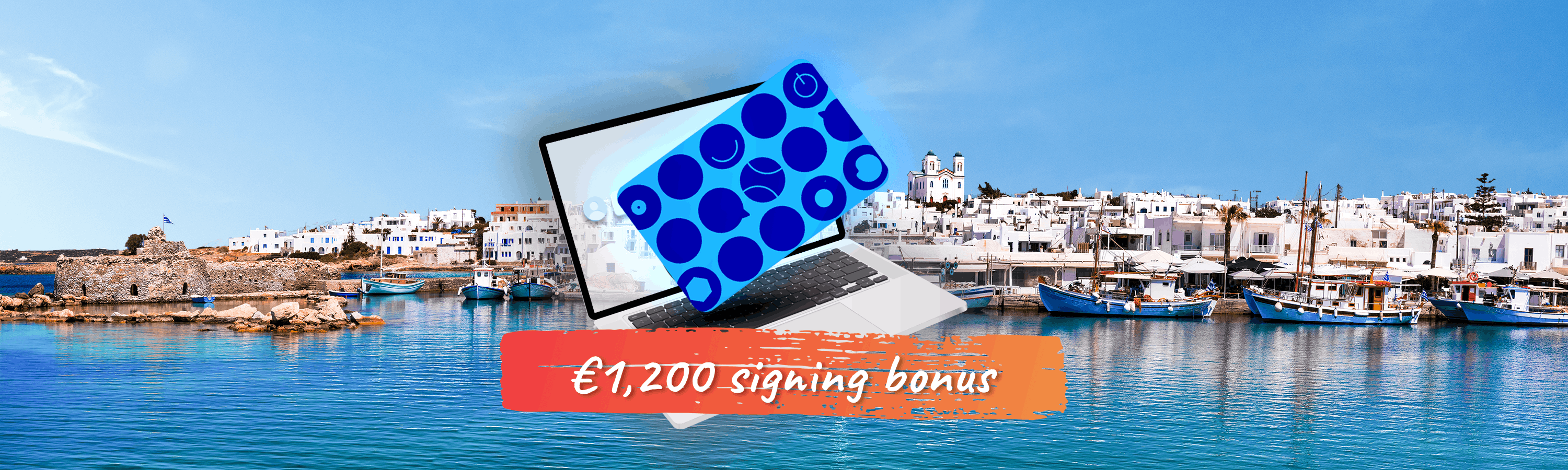 Laptop with a blue card in front and water with boats in the background and a slogan about a signing bonus
