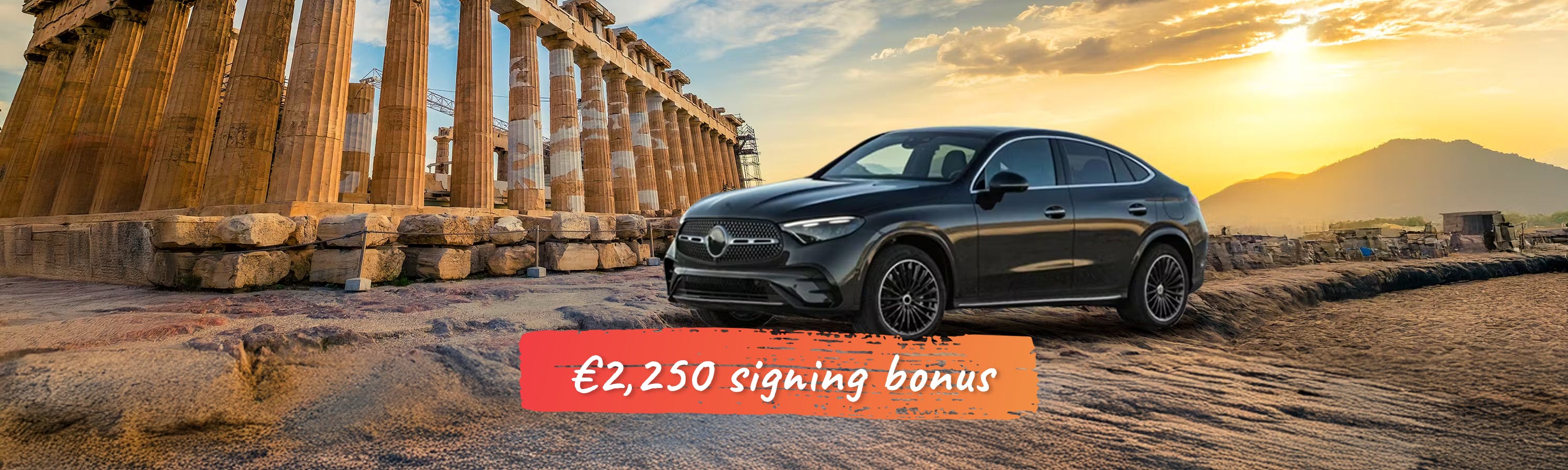Black car next to the acropolis in front of the sunset with a slogan of the signing bonus