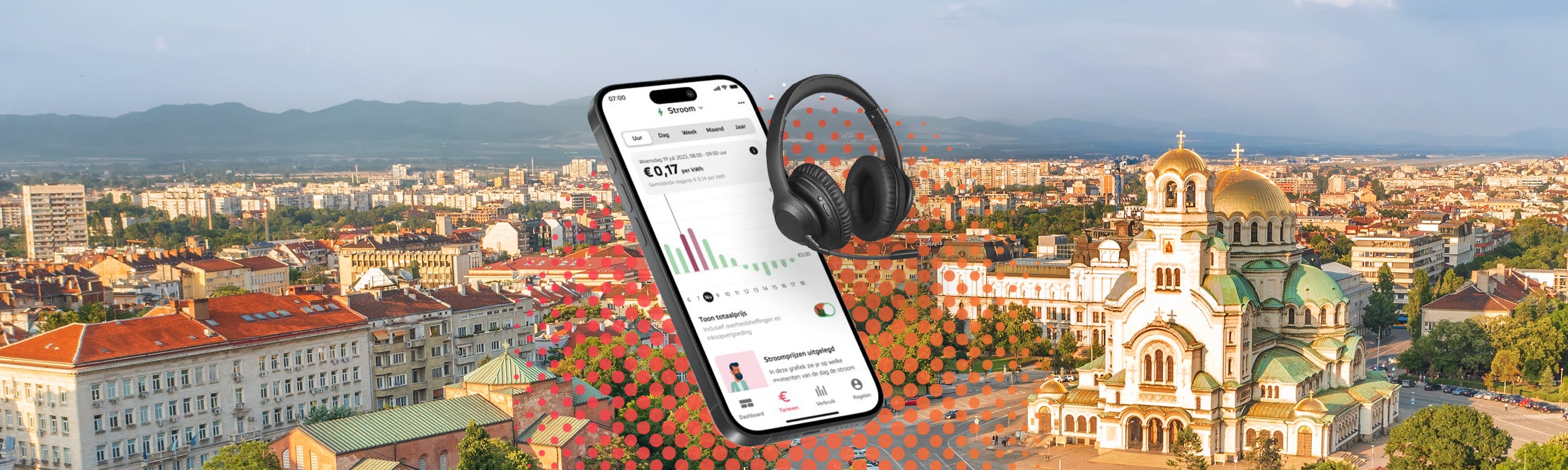 Telefoonscherm met een grafiek naast een zwarte koptelefoon met op de achtergrond de kathedraal van Sofia