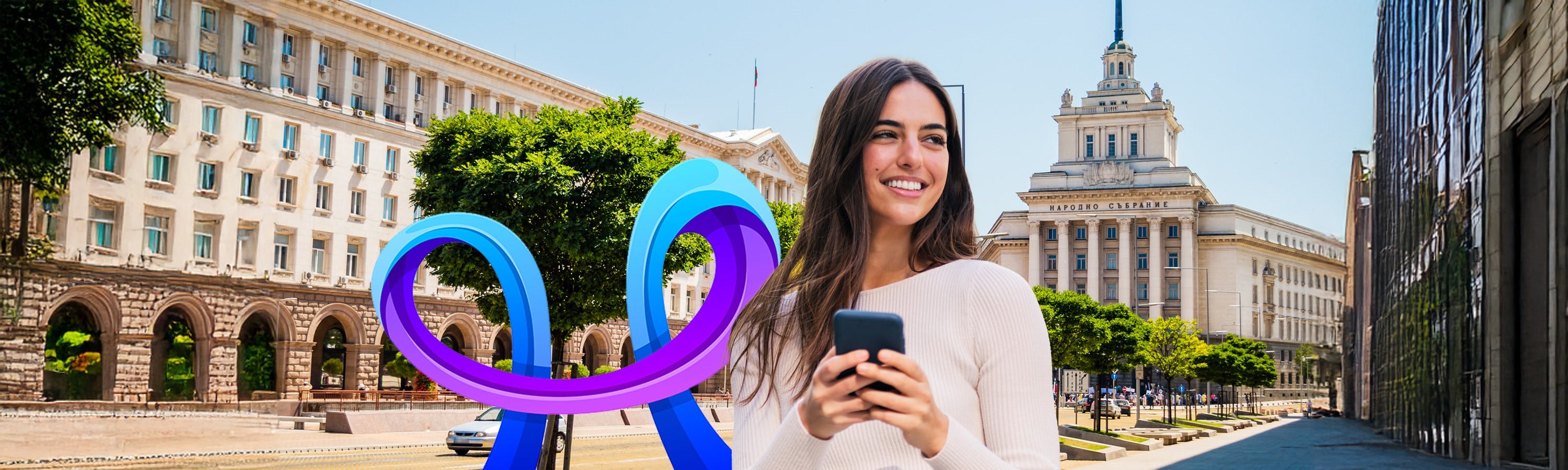 Smiling girl looking at her phone with purple and blue Proximus arches in the background