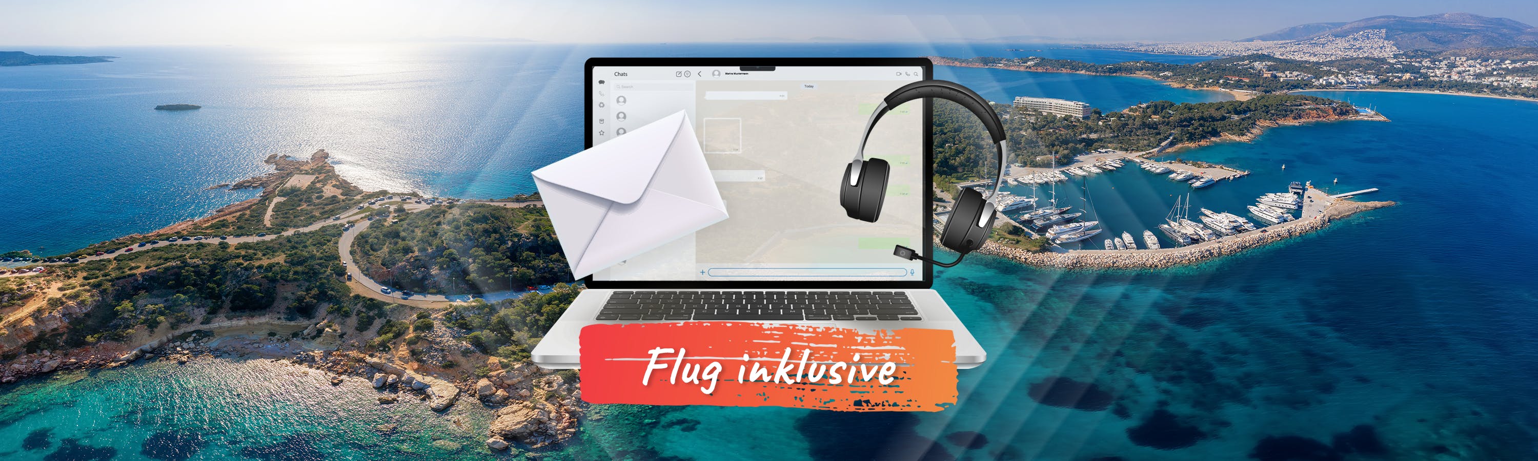 Orangener Balken, auf dem "Flug inklusive" steht und dahinter ein Laptop, Kopfhörer und ein Briefumschlag in Athen