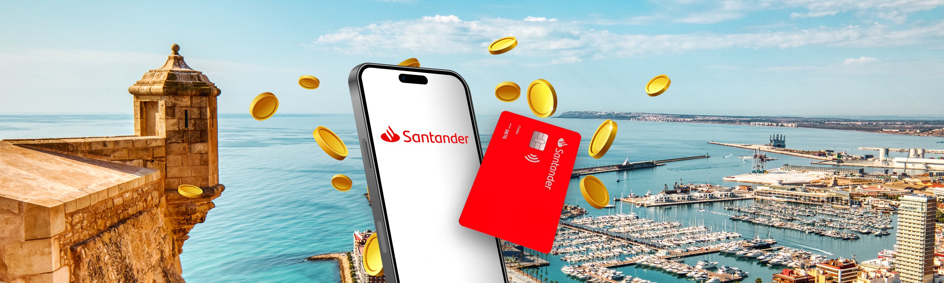 Rode betaalpas met wit telefoonscherm met op de achtergrond Alicante