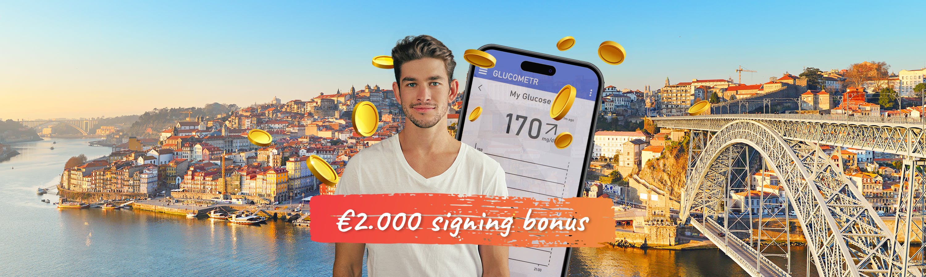 Jongen voor een telefoonscherm met de slogan €2000 signing bonus