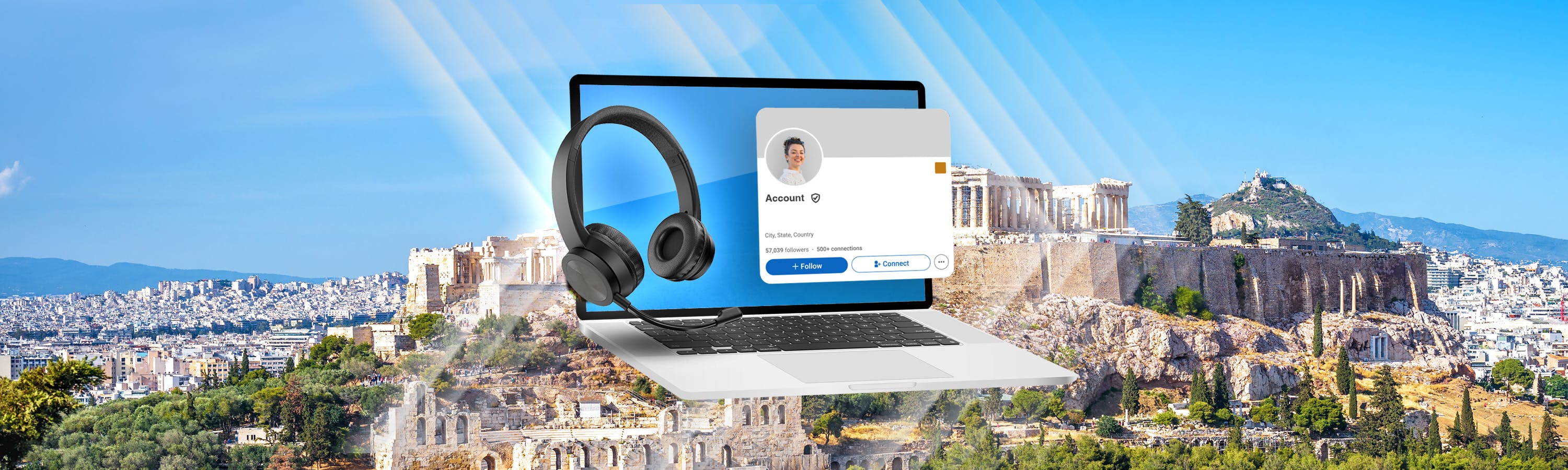 geöffneter Laptop über dem auf der linken Seite ein Headset schwebt. Rechts ist ein geöffneter Profil Fenster zu sehen. Im Hintergrund ist Athen