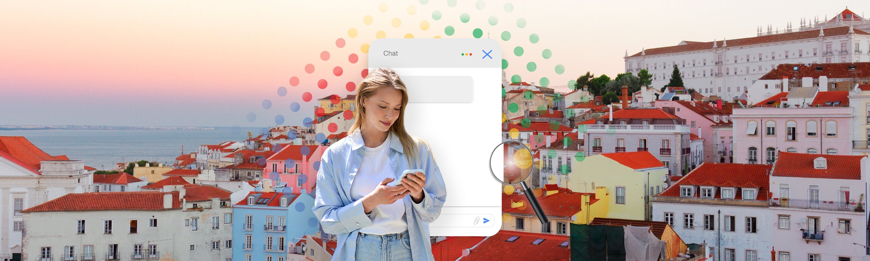 junge Frau hält mit leichtem lächeln ein Handy in der Hand. Sie steht vor einem Chatbot Fenster welches vor Lissabons Skyline schwebt.