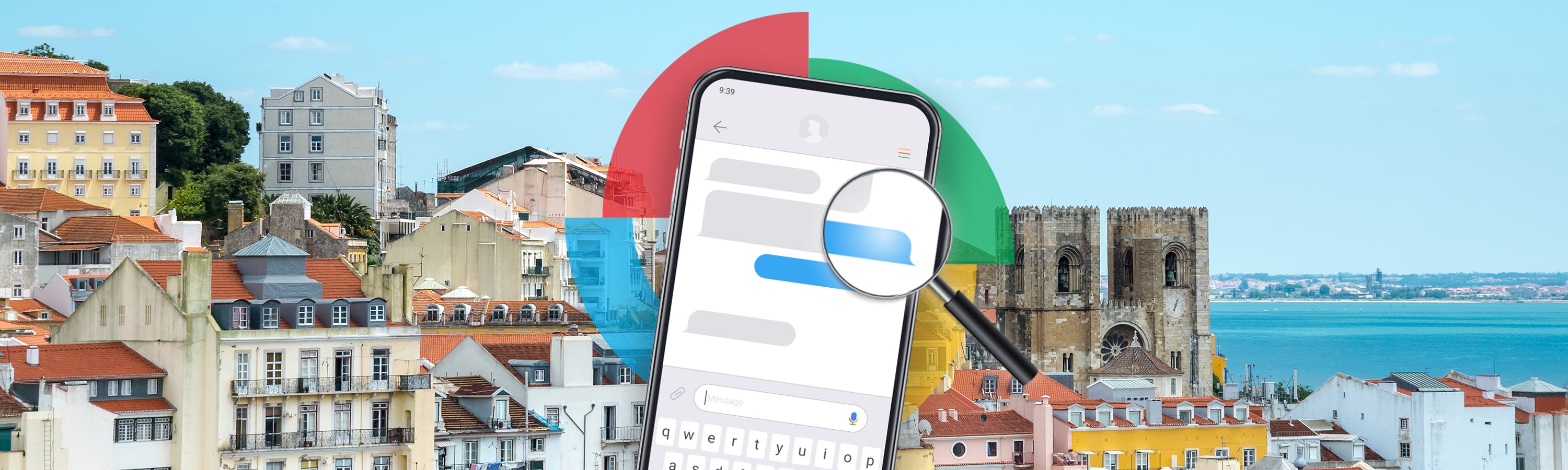 Ein Chatverlauf auf einem Handy welches rechts von einer Lupe vergrößert wird vor Lissabons Skyline.