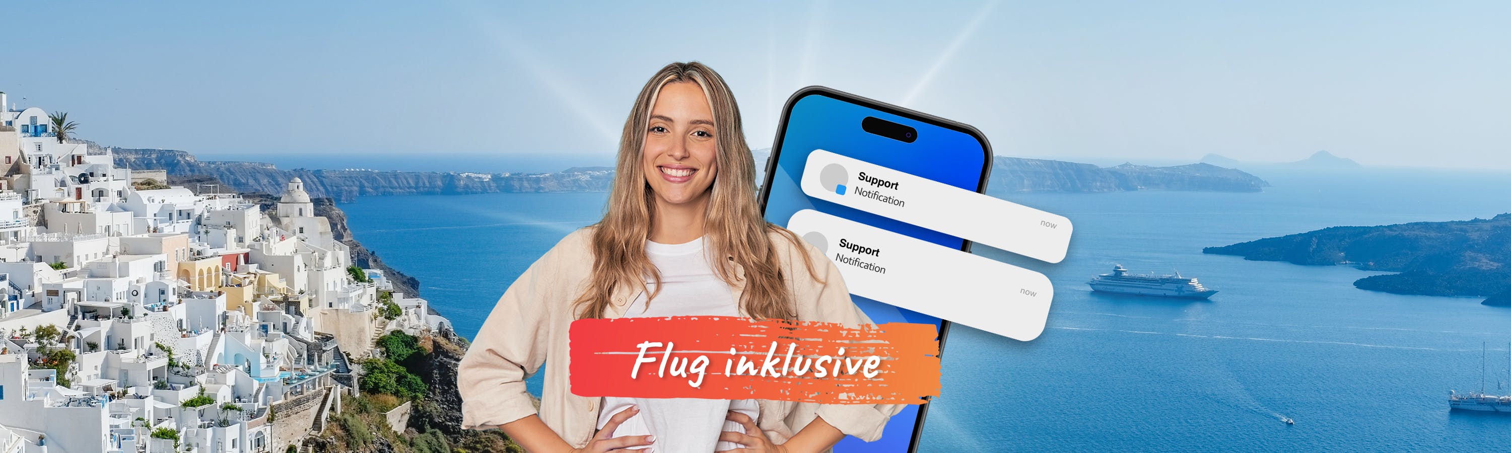 Orangener Balken, auf dem "Flug inklusive" steht und dahinter ein Mädchen mit einem Smartphone in der Hand neben einem Kopfhörer und einem offenen Chatverlauf in Athen