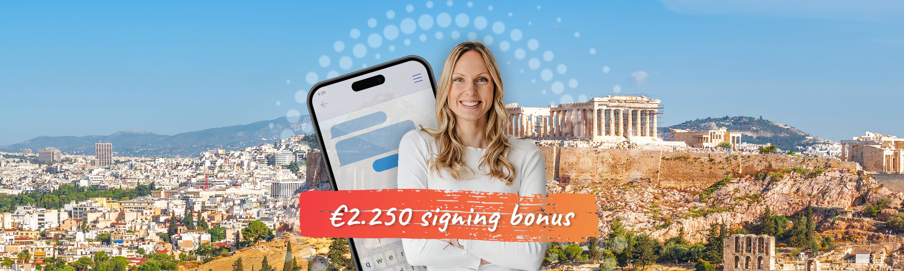 Meisje in wit t-shirt voor een telefoonscherm met op de achtergrond de stad van Athene