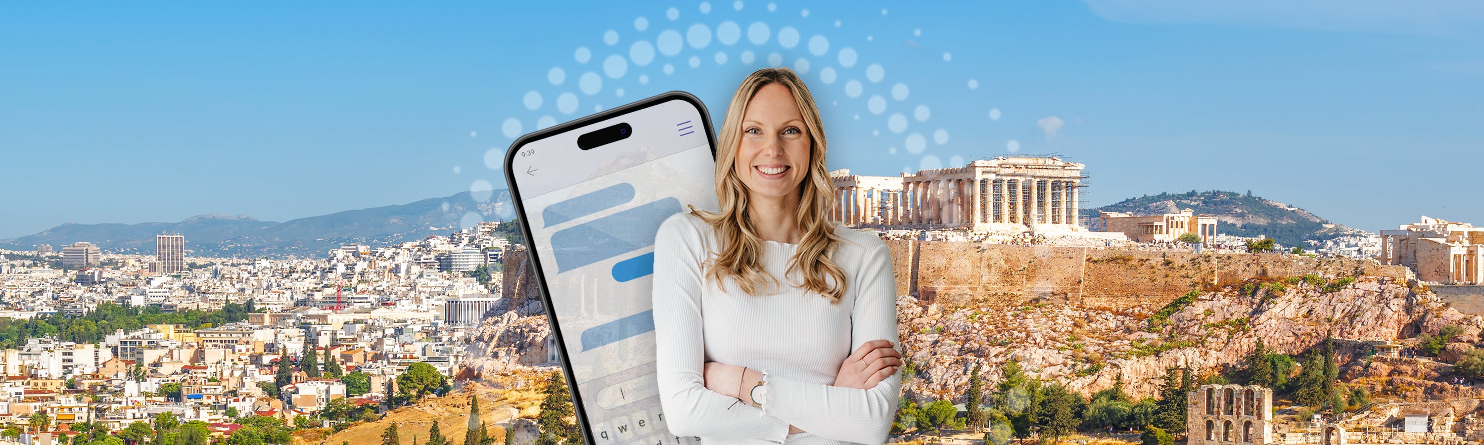 Meisje in wit t-shirt voor een telefoonscherm met op de achtergrond de stad van Athene