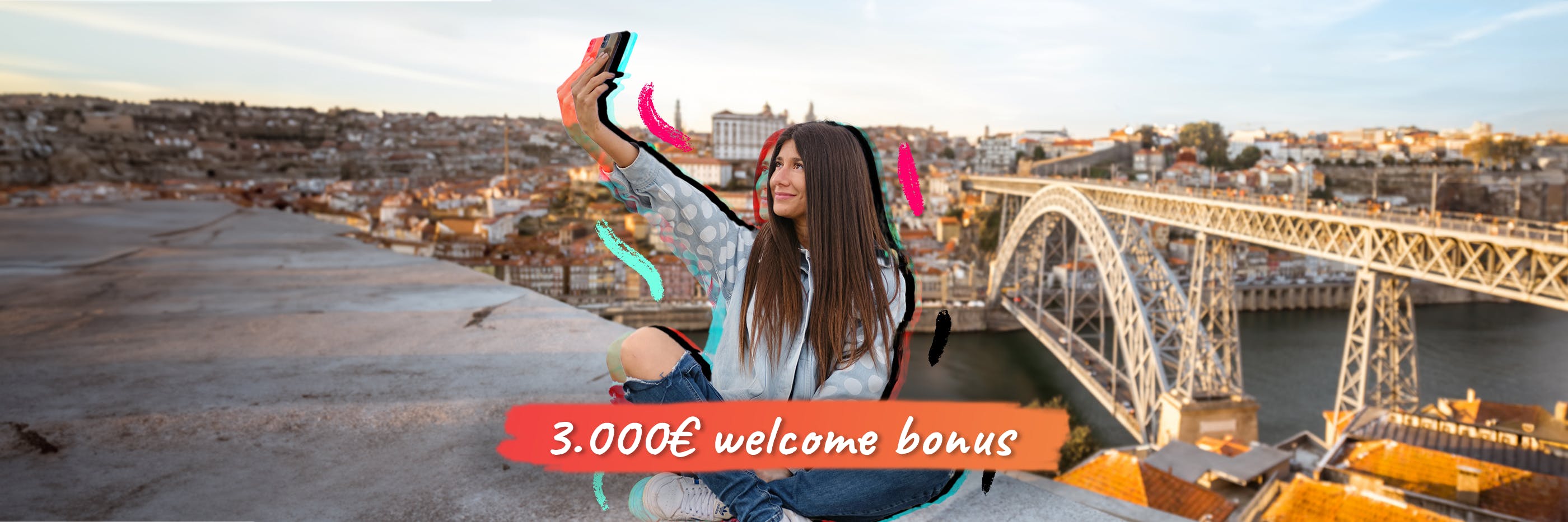 mädchen macht ein selfie vor brücke in porto