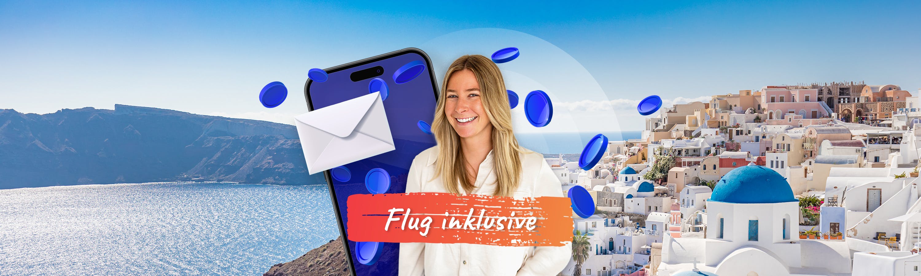 Frau vor blauen Treuepunkten und Briefumschlag. Vor ihr ein Band auf dem Flug inklusive steht.