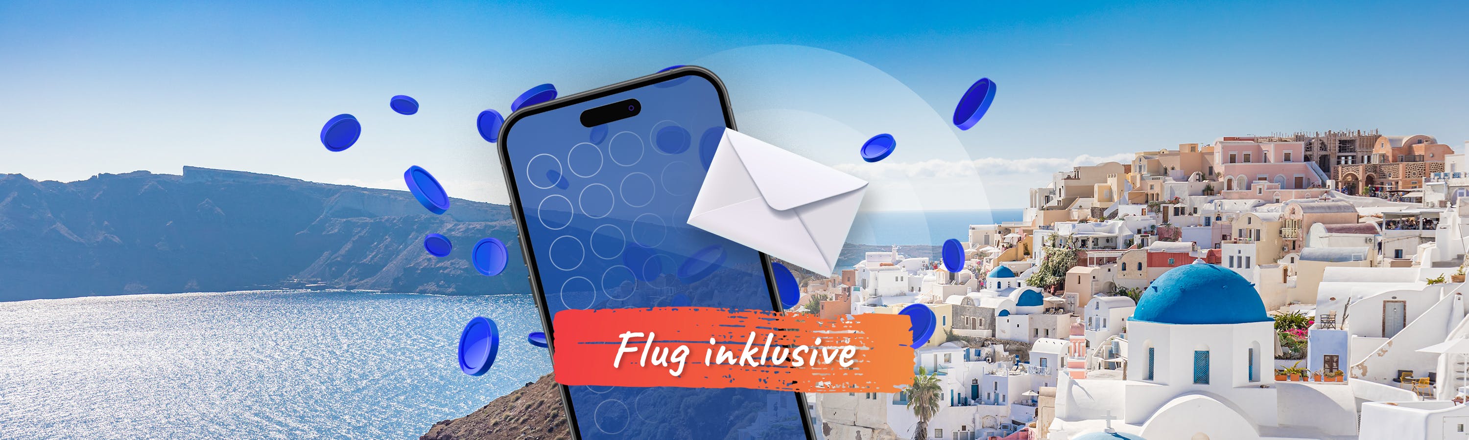 Handy vor blauen Treuepunkten und Briefumschlag.