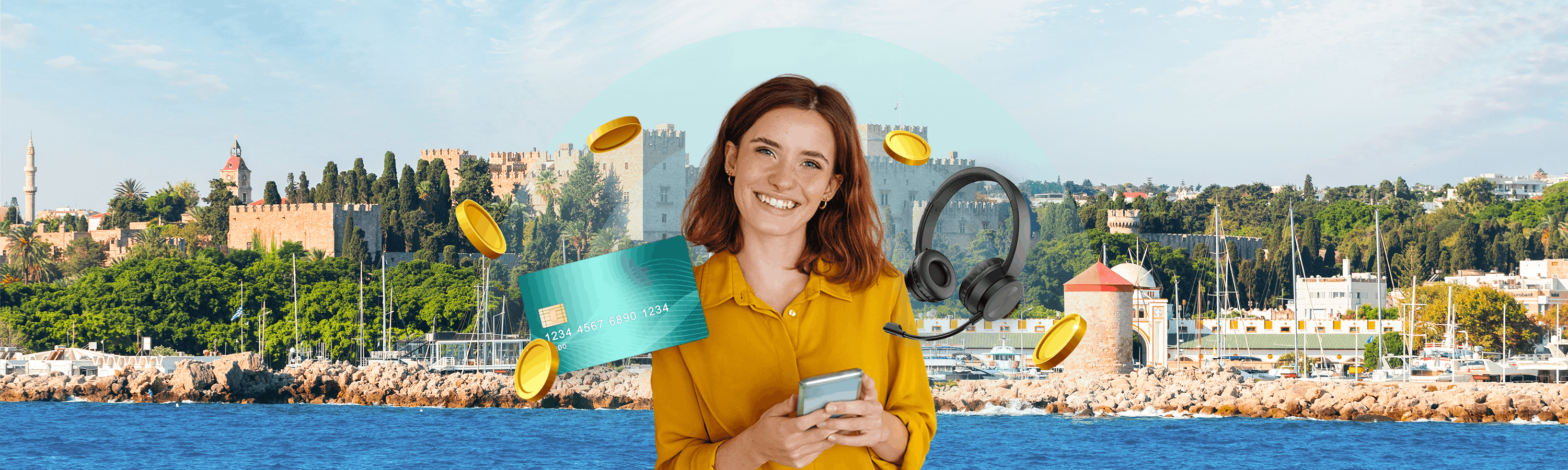 Mädchen hält ein Handy neben einer grünen karte am meer