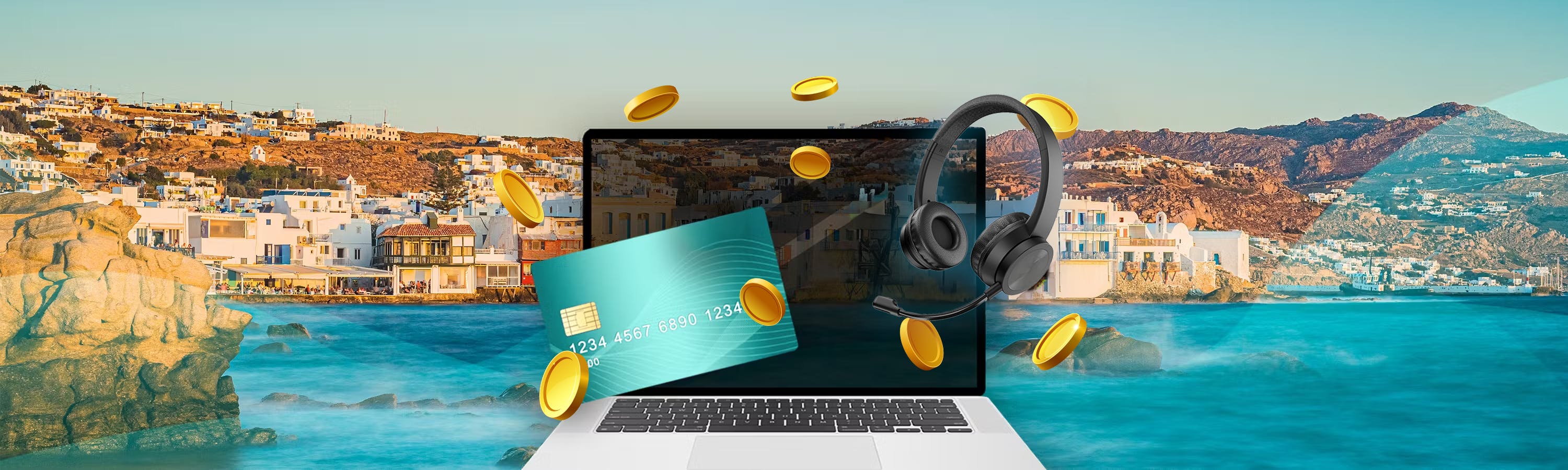 laptop neben einer grünen kreditkarte und gelben münzen am Meer in Griechenland