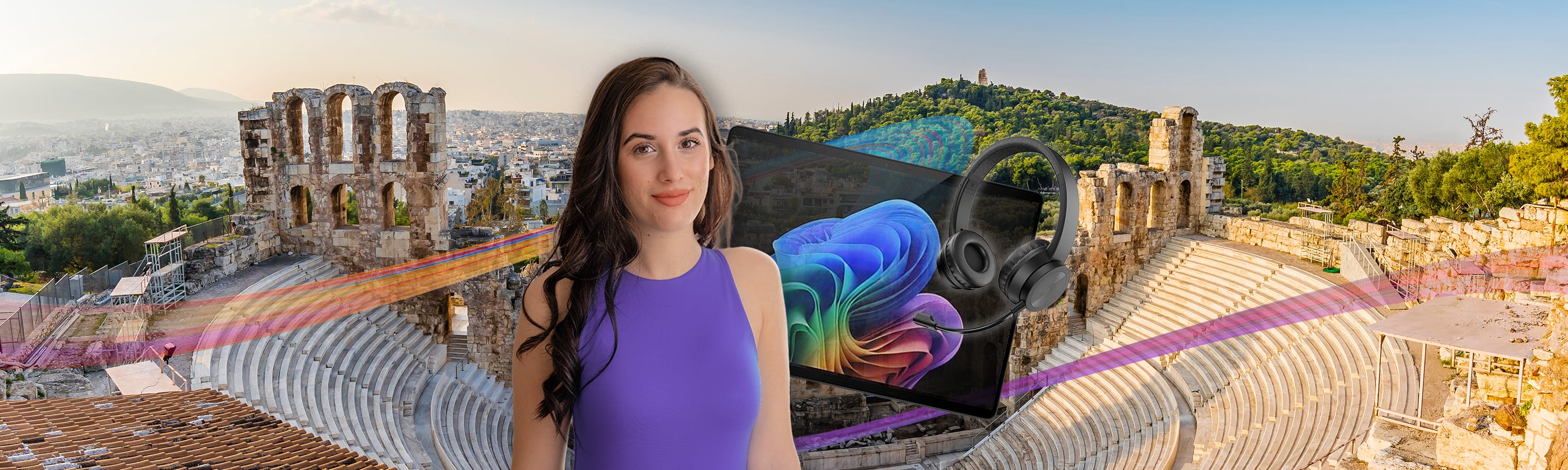 Mädchen hält ein Handy vor einem Aussichtspunkt in Athen