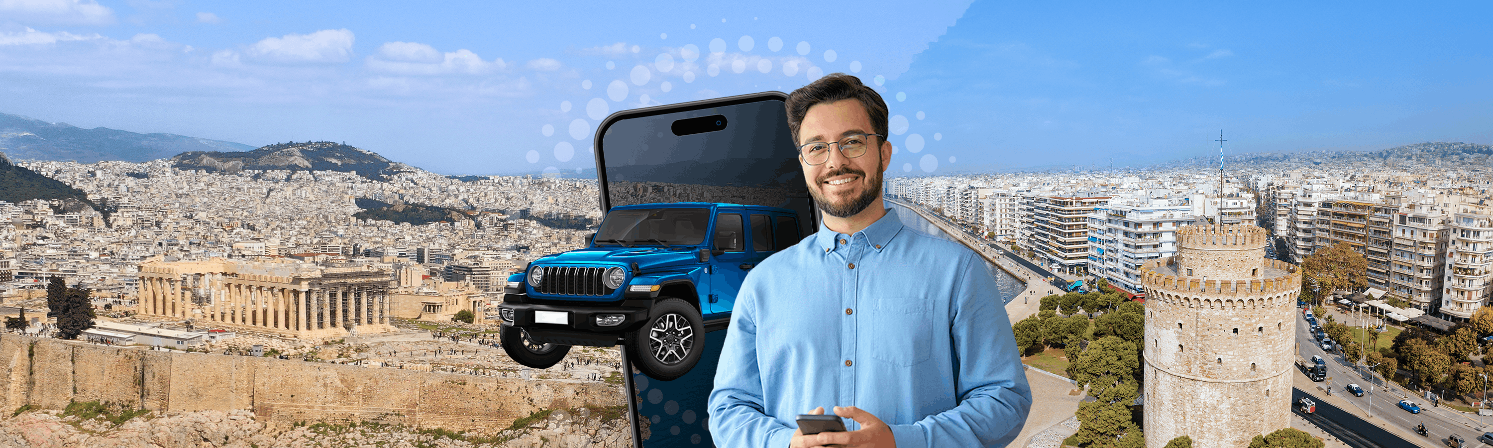 Jongen in zwart t-shirt met een telefoon, een blauwe Jeep auto en een telefoonscherm op de achtergrond