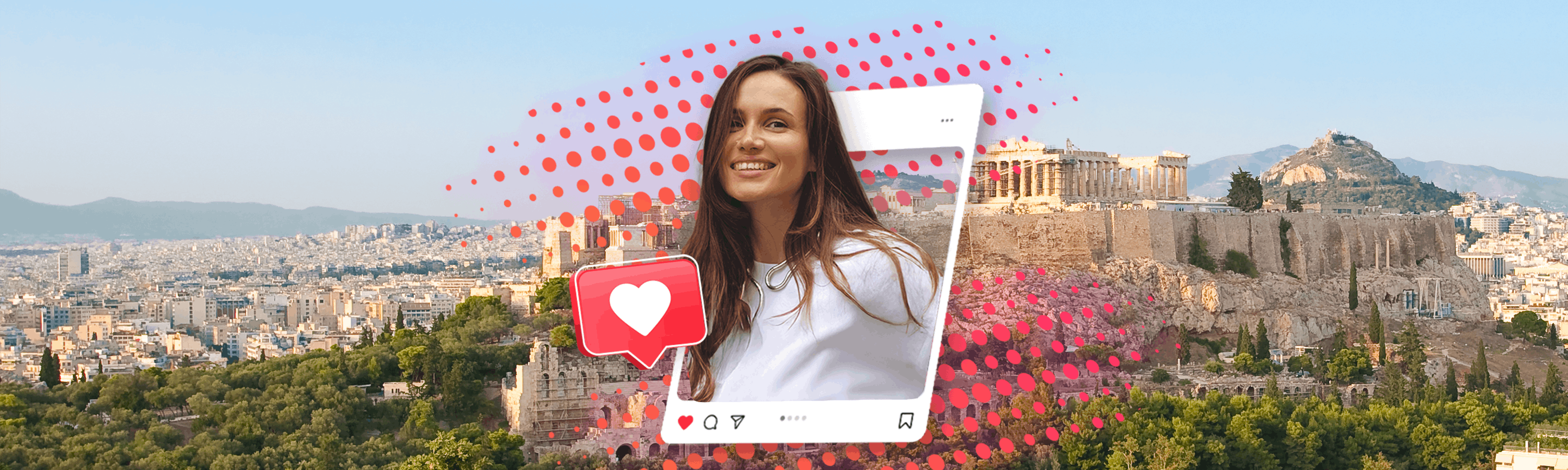 Frau in einem Post einer bekannten Sicial Media Platform lächelnd vor Athen