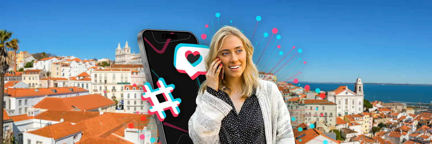 her holding a phone to her ear and behind her a phone and hashtag and like symbols