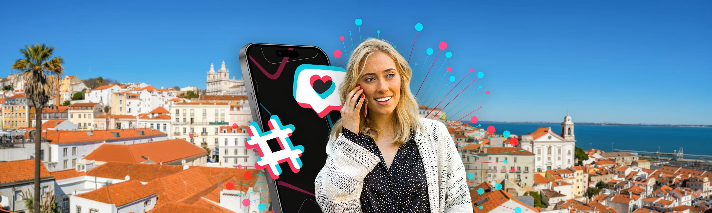 her holding a phone to her ear and behind her a phone and hashtag and like symbols