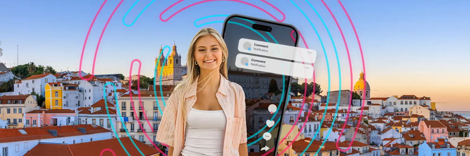 girl in front of a phone with messages and Lisbon in the background
