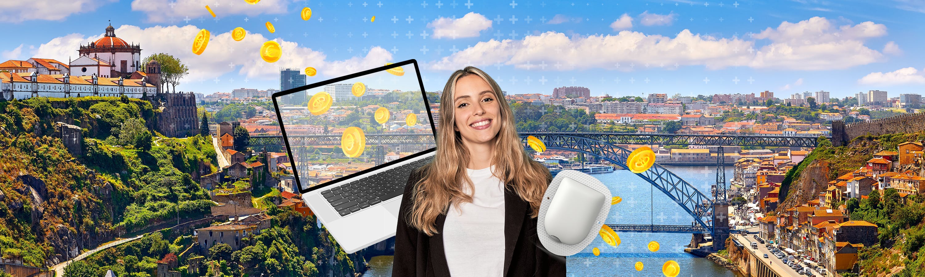 Meisje naast een laptop met muntjes en Porto op de achtergrond