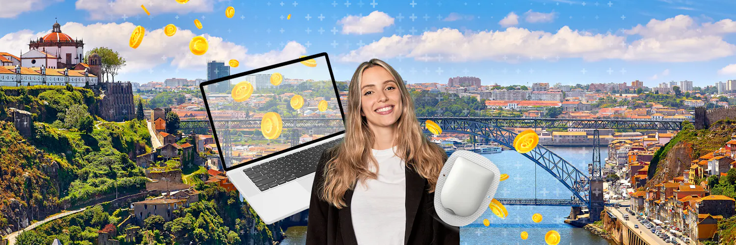 Junge Fraue im sonnigen Porto, arbeitet im Finanzsektor