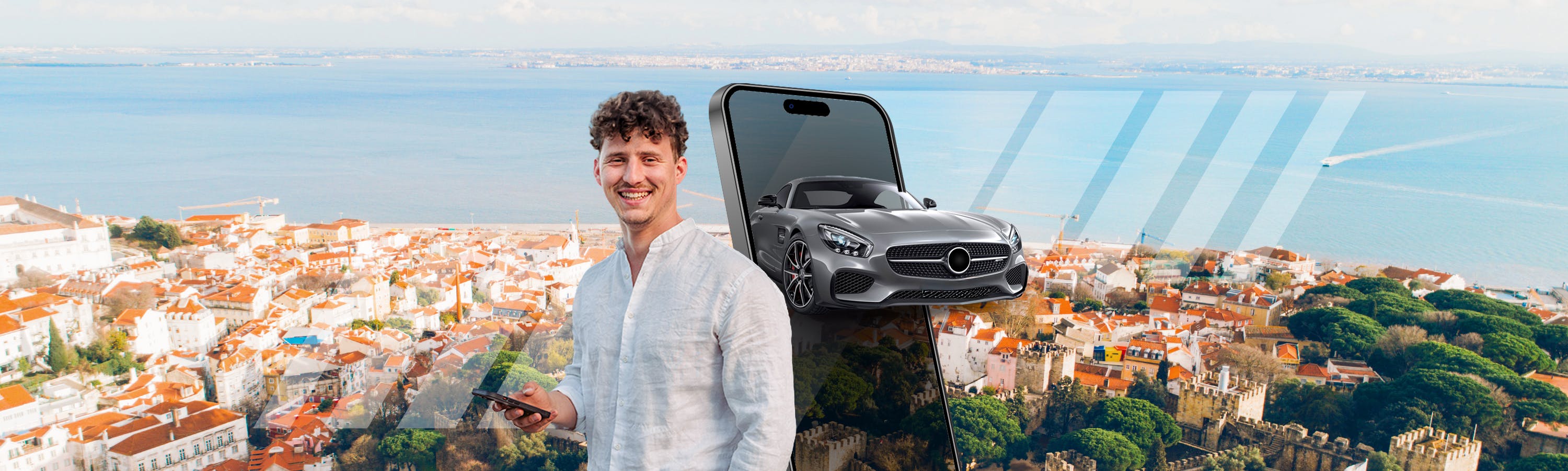 Junger Mann in Lissabon. Hinter ihm sind ein Mercedes und ein Smartphone zu sehen