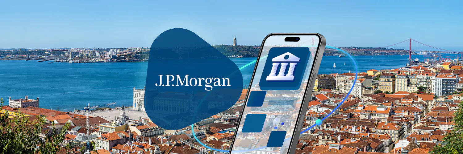 Smartphone vor Lissabon welches eine bank zeigt. Links davon J.P. Morgan