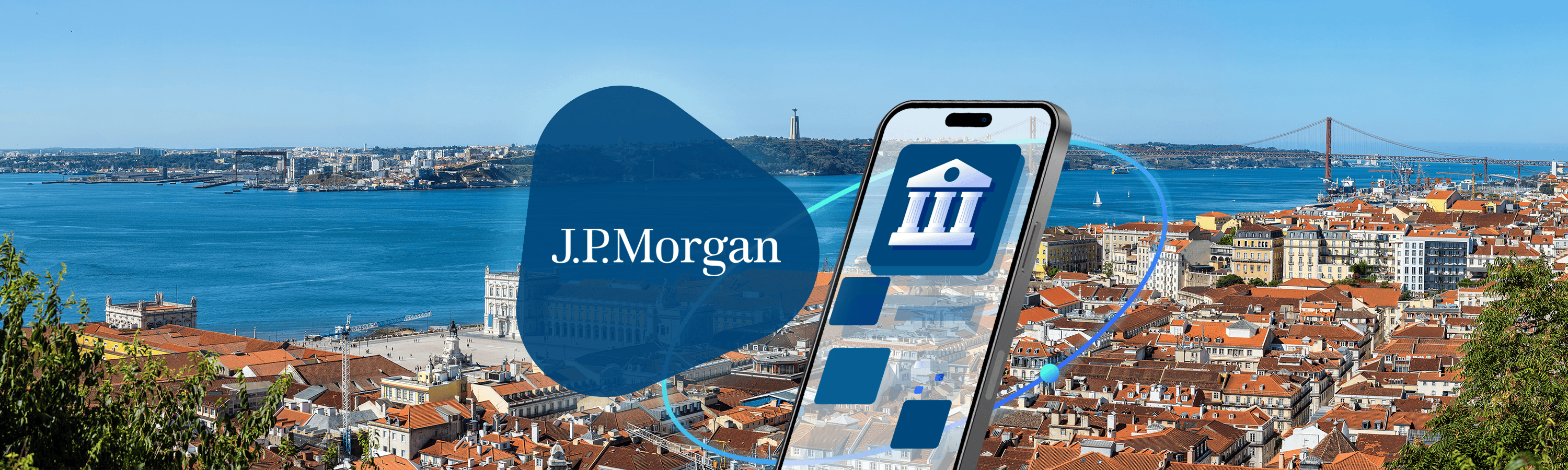 Smartphone vor Lissabon welches eine bank zeigt. Links davon J.P. Morgan
