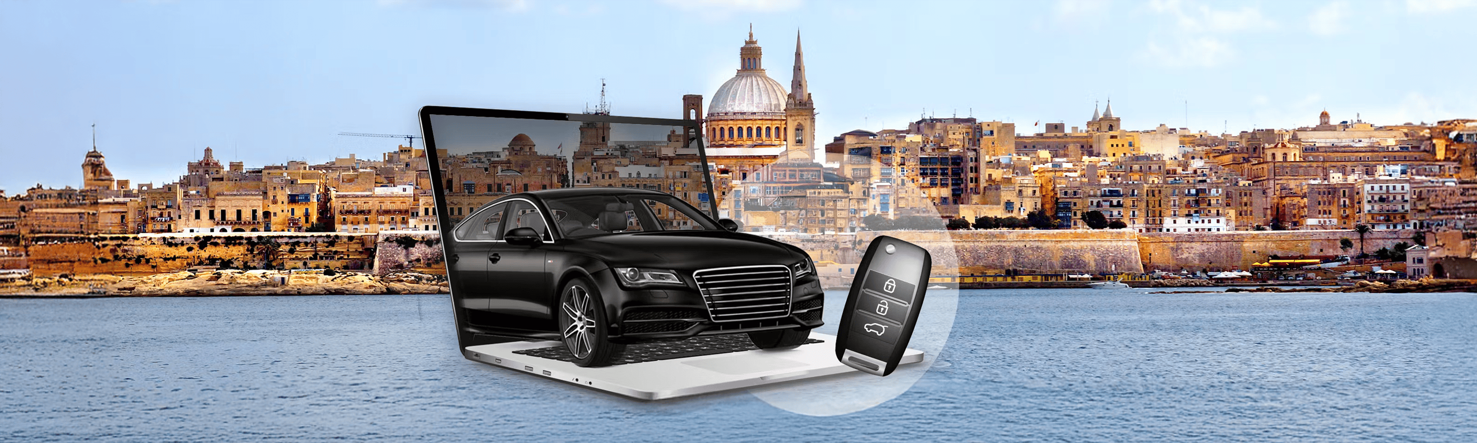 schwarzes auto neben einem schlüssel vor dem meer und einem alten gebäude