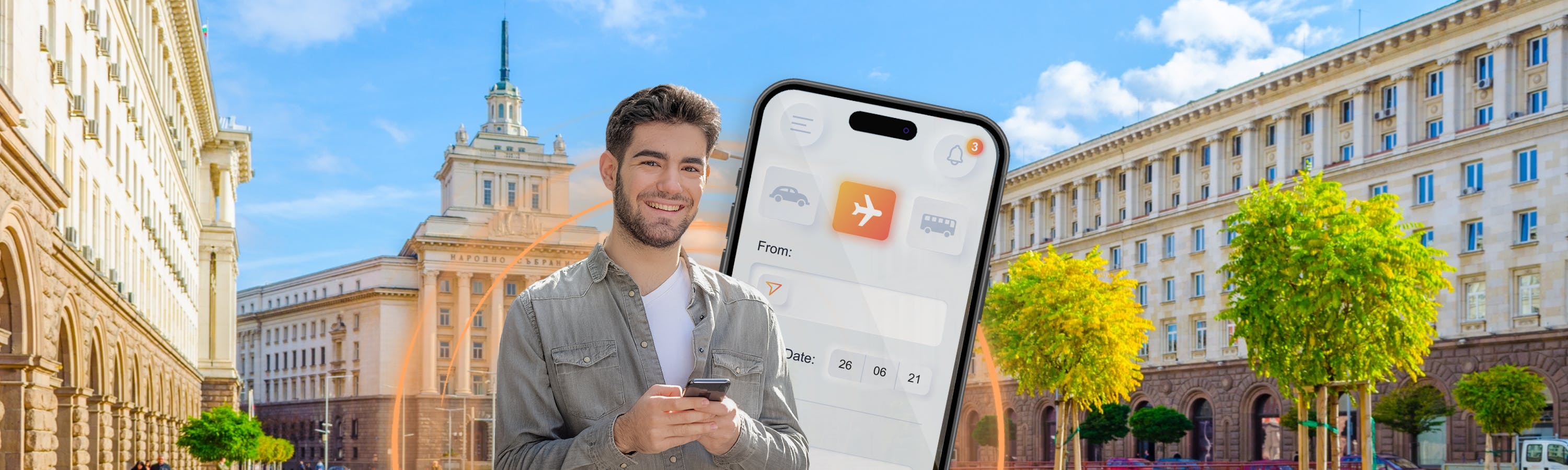 junger Mann in Sofia Bulgaria neben ihm ein Smartphone