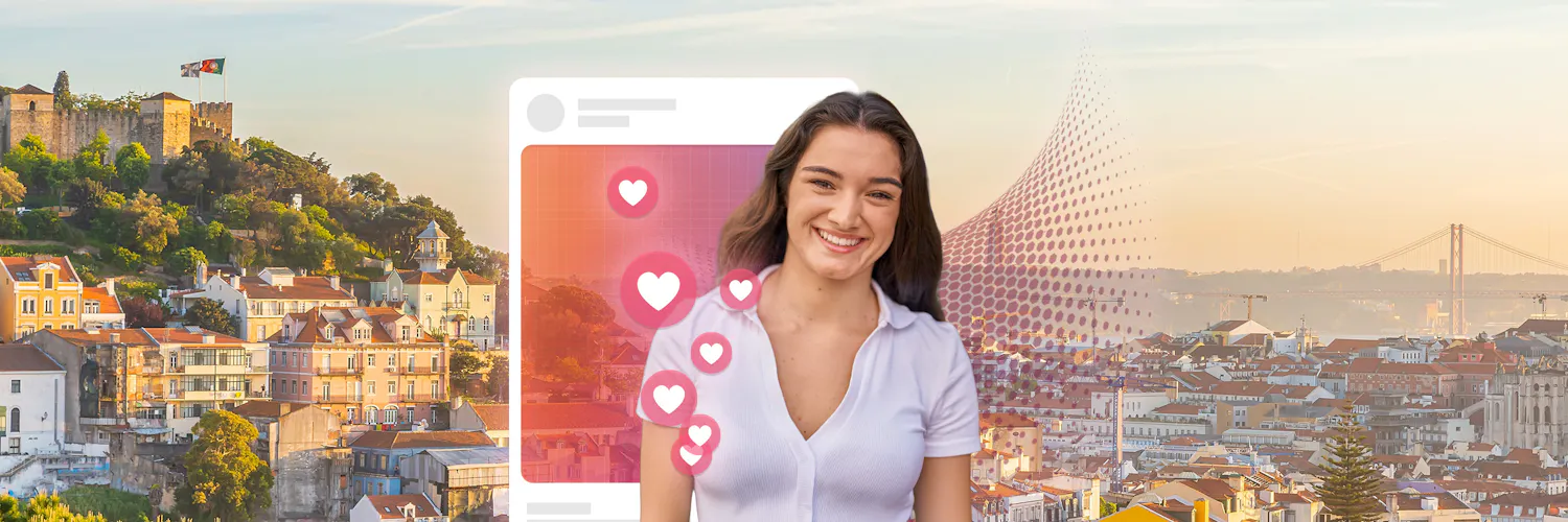 Frau in Lissabon mit Smartphone in der Hand. Links von ihr ein Bild einer bekante Social Media Platform und Likes