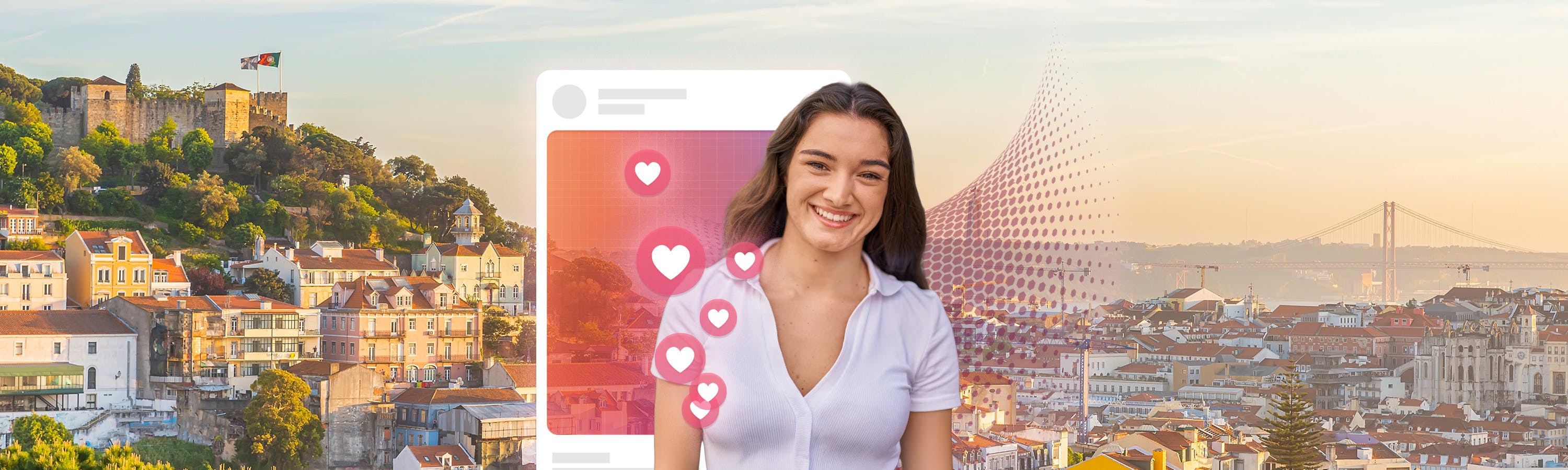 Frau in Lissabon mit Smartphone in der Hand. Links von ihr ein Bild einer bekante Social Media Platform und Likes