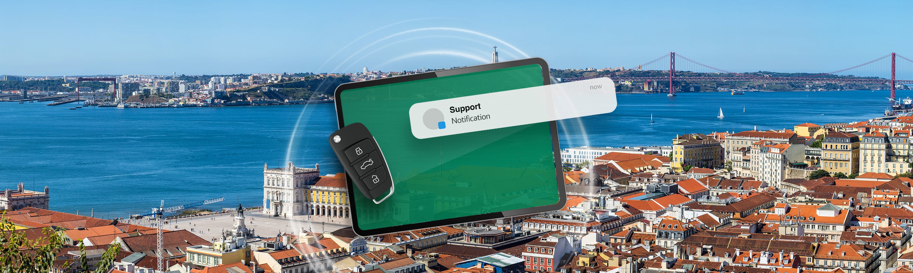 Een groen scherm, een autosleutel en een melding met op de achtergrond Lissabon